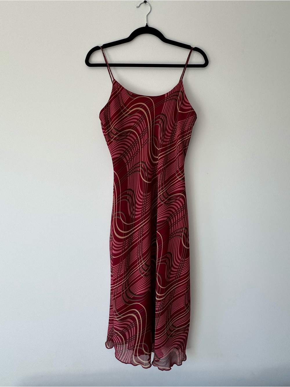 Women's Burgundy Swirl Midi Slip Dress with Thin Straps